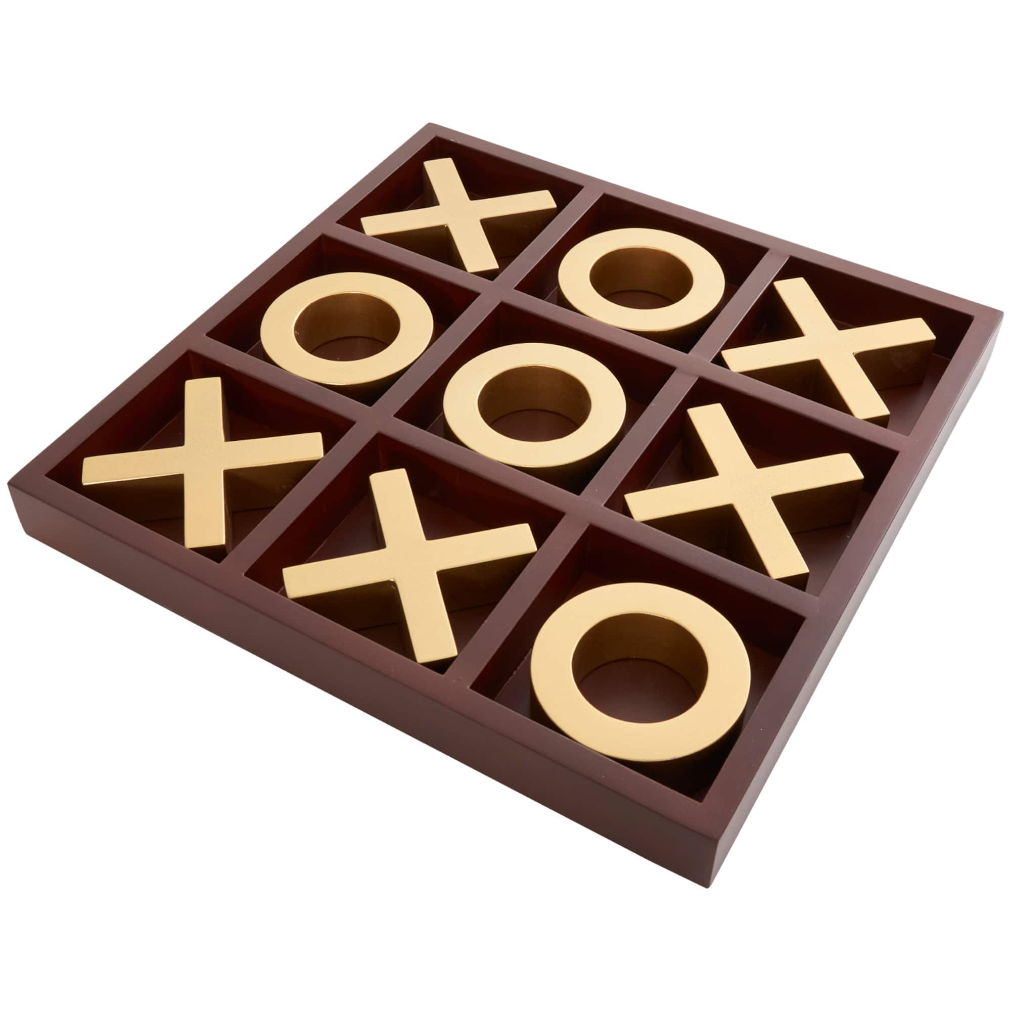 14" x 14" Brown Wooden Tic Tac Toe Game Set with Gold X & O Pieces